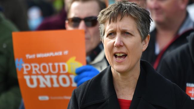ACTU Secretary Sally McManus joins workers and unionists in a protest outside Parliament House in Canberra last year. Picture: AAP