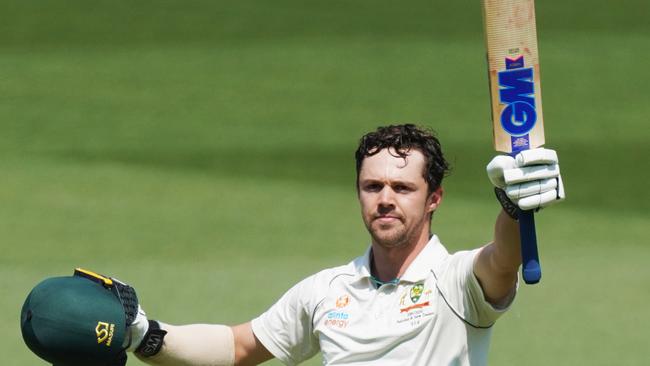 Travis Head celebrates his hundred on day two of the Boxing Day Test against New Zealand.