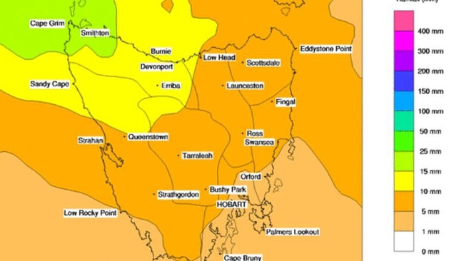 Rain is forecast to blanket Tasmania on Saturday. Picture: Bureau of Meteorology