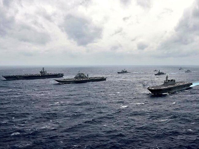 United States, Indian and Japanese warships exercise together. Concern at Beijing’s expansive ambitions have drawn regonal powers together. Picture: USN