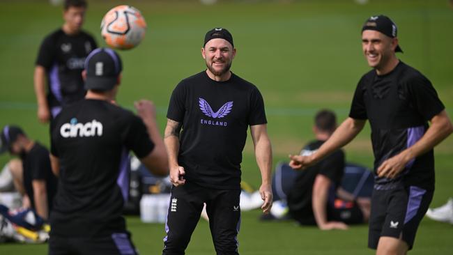 England bowler Olly Stone and coach Brendon McCullum.