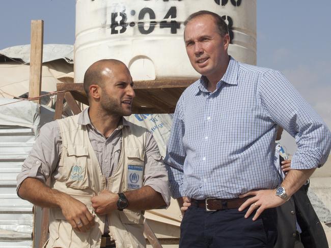 First-hand account ... Peter Dutton meets with camp manager Hovig Etyemezian. Picture: Ella Pellegrini