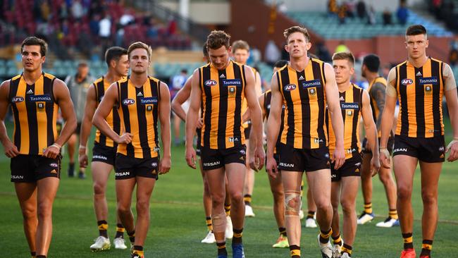 Hawthorn players leave the field after another loss. Picture: Getty