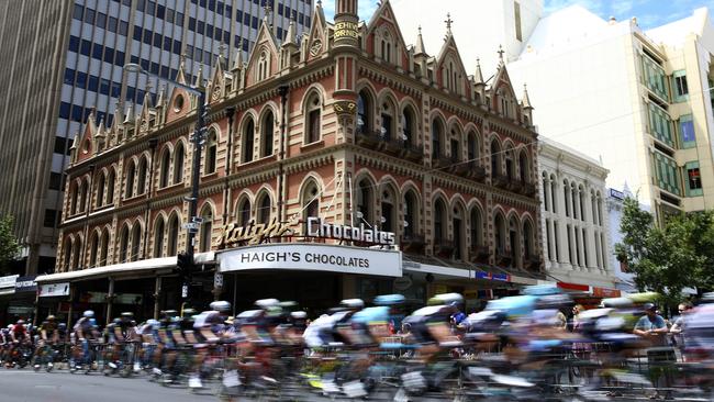 The peloton makes its way past Rundle Mall in stage 6 last year. Picture: Sarah Reed