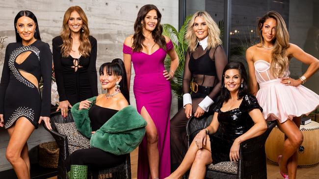 The Real Housewives of Sydney season two cast — only Nicole Gazal O’Neil (seated, right) has not been asked back for season three. Picture: Binge