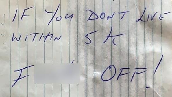 A note left on a car in Kilcunda. Picture: Supplied