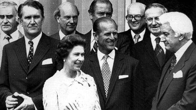 Queen Elizabeth II and Prince Philip, centre, with prime minister Malcolm Fraser, second left, and governor-general Sir John Kerr, right, in Canberra in March 1977.