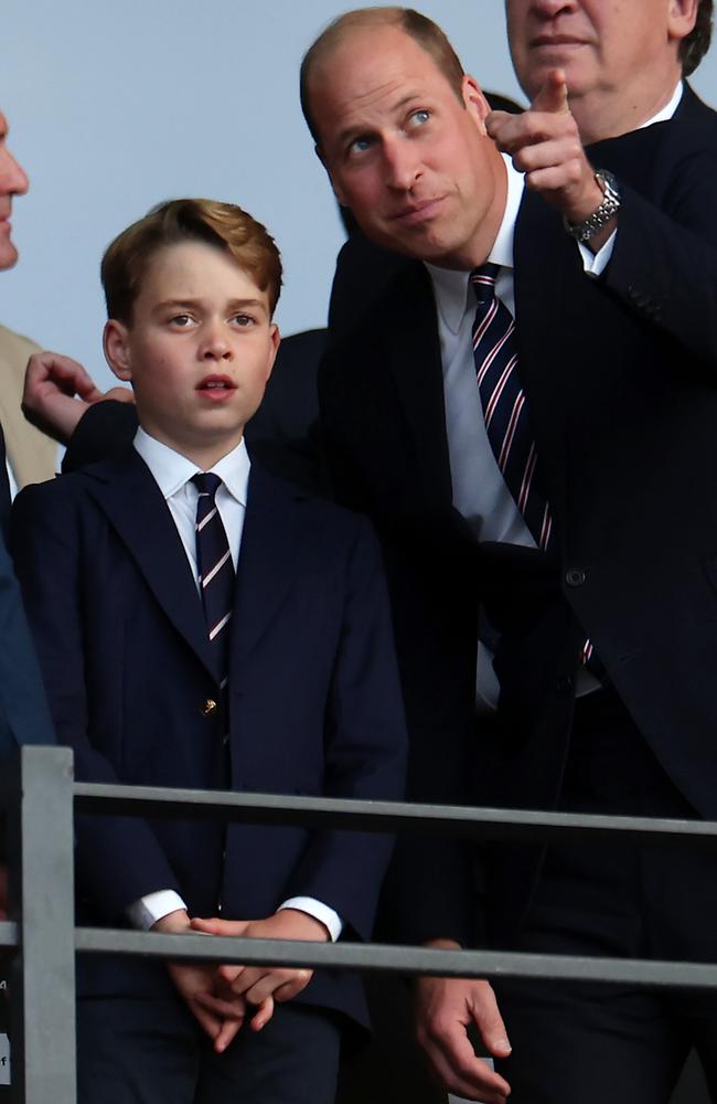 Prince William, Prince of Wales and President of The FA, and his son Prince George of Wales look on from the stands prior the UEFA EURO 2024 final match between Spain and England. Picture: Getty Images