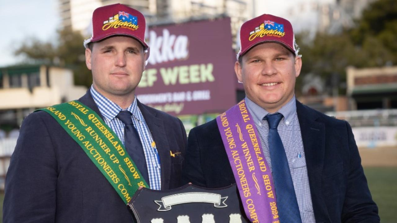 2024 ALPA Queensland Young Auctioneers Competition winner Matthew Pearce (right, pictured here with runner-up Dustyn Fitzgerald) is now headed to Canada and its famous Calgary Stampede after winning a major competition at the 2025 Sydney Royal Easter Show. Photo: ALPA