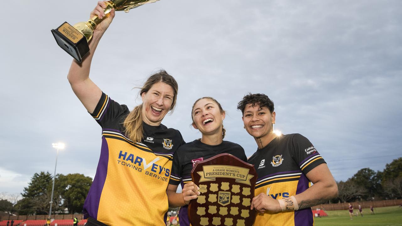 Gatton players (from left) Kimberley Dore, Natalia Webb and Courtney Robinson celebrate the win against Oakey in TRL President's Cup A-grade women's rugby league at Clive Berghofer Stadium, Saturday, July 1, 2023. Picture: Kevin Farmer