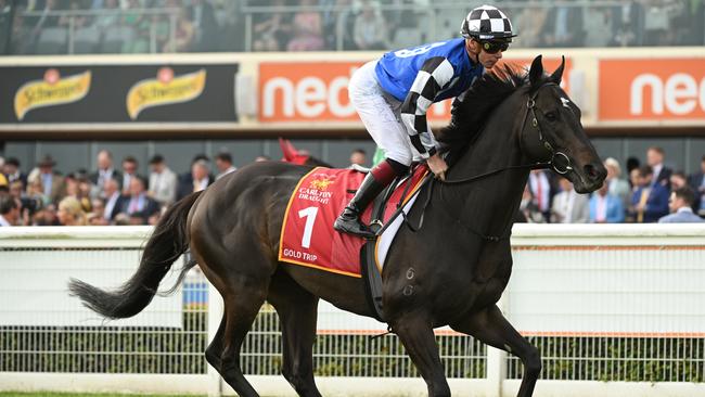 Ben Melham placed third on Gold Trip in the Caulfield Cup. Picture: Vince Caligiuri–Getty Images