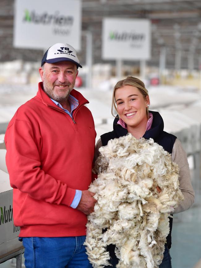 Wool grower Jon Baker and daughter Eliza Baker, home from studying at University in Wagga Wagga, from Bamganie, sold wool in Melbourne on Tuesday. Picture: Zoe Phillips