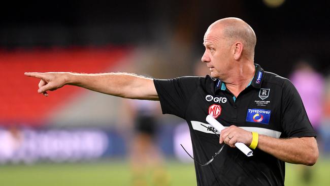 Power coach Ken Hinkley gets plenty of input from others at the selection table. Picture: AAP Image/Darren England