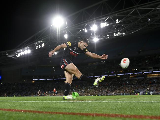 Nathan Cleary attempts a conversion at Accor Stadium. Credit: NRL Images.