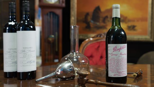 A bottle of Penfolds Grange Hermitage BIN 95 Vintage 1969 and Two bottles of Taylors The Pioneer Siraz 2014. Picture: Alex Aleshin.