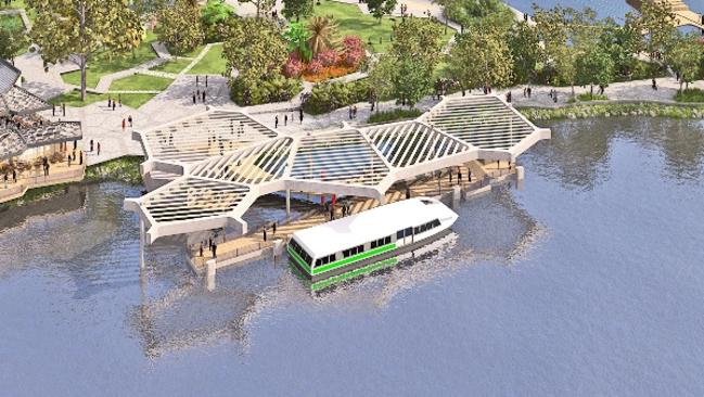 Artist impressions of a proposed ferry station at the Gold Coast Cultural Precinct at Evandale