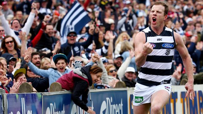 Steve Johnson celebrates a goal in his final game for the Cats. Picture: Colleen Petch