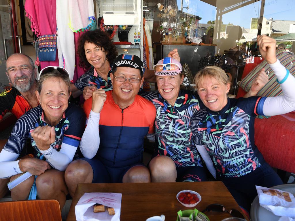 Bill Mellow, Deb Gillespie, Mary Fenn, Wes Pang, Sue Pang and Karen Bucholz enjoying a coffee on King William Road for the start of the race. Picture:Tricia Watkinson