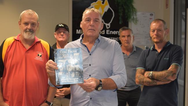 CFMEU Queensland district industry safety and health representative Stephen Woods, miners Clinton Honour, Shaun Connelly and Dave Walker with Coal Faces author Ian Buchanan. Picture: Melanie Whiting