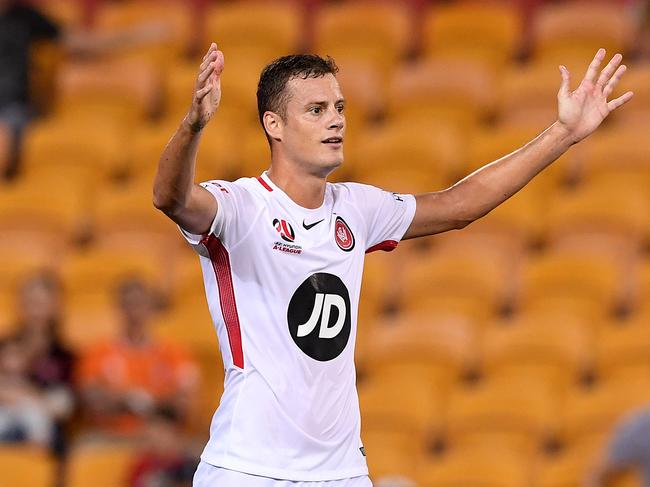 Oriol Riera of the Wanderers reacts after scoring a goal during the Round 21 A-League match between the Brisbane Roar and the Western Sydney Wanderers at Suncorp Stadium in Brisbane, Friday, March 8, 2019. (AAP Image/Dave Hunt) NO ARCHIVING, EDITORIAL USE ONLY