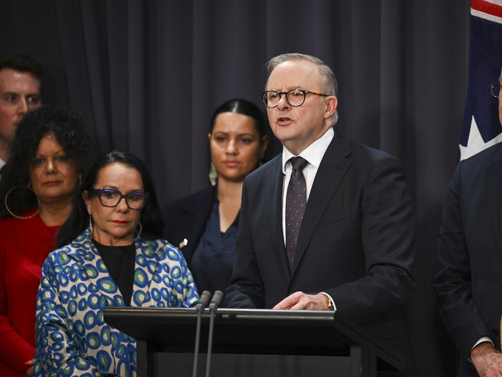 Prime Minister Anthony Albanese and members of the government’s Referendum Working Group spoke to reporters at Parliament House on Monday. Picture: NCA NewsWire / Martin Ollman