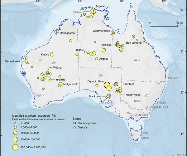 Uranium deposit locations across Australia. Source: Geoscience Australia.