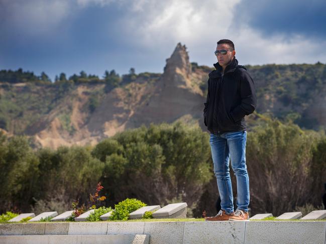 Australian Army soldier, Private Gilbert Fidelis looks out towards Anzac Cove during a battlefield tour of the Gallipoli Peninsula.