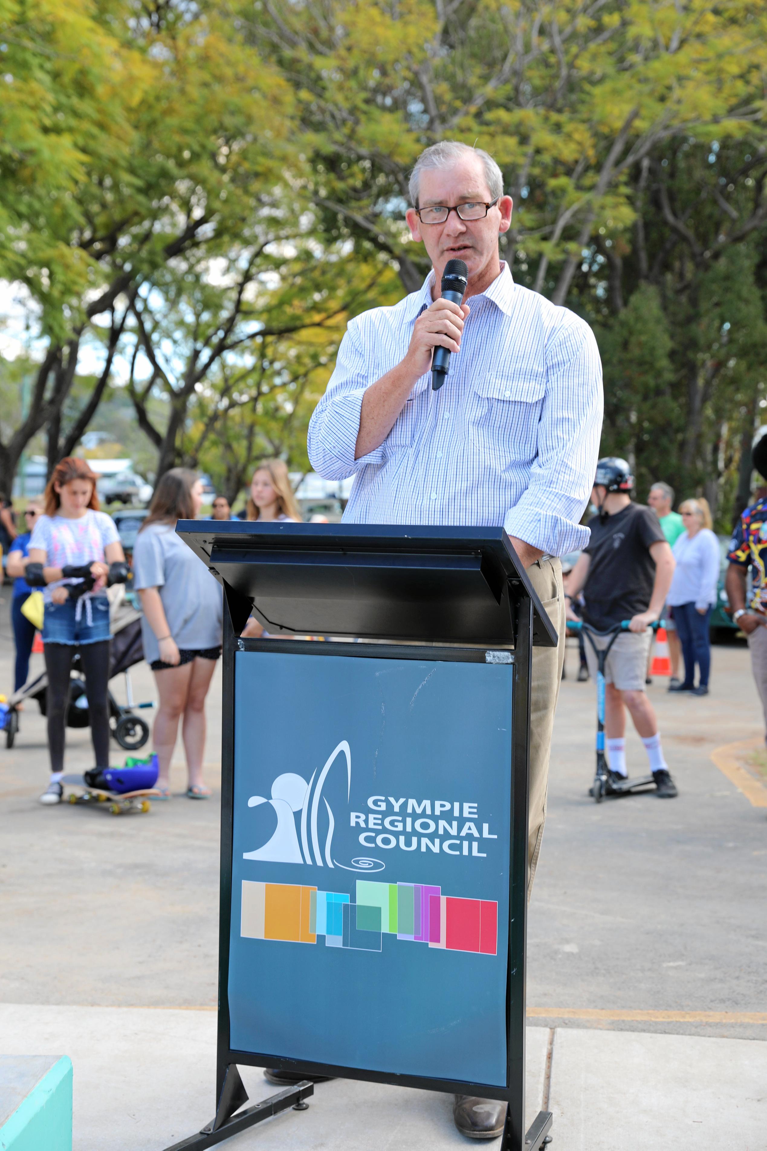 Mayor Mick Curran opens the Mary Valley Skate Park on Saturday. Picture: Contributed