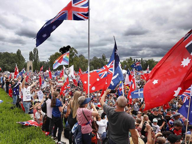 CANBERRA, AUSTRALIA NewsWire Photos FEBRUARY, 05 2022:  Thousands of anti-vaccination protesters have gathered in the Australian Capital Territory to demand Ã¢â¬ÅfreedomÃ¢â¬Â and no more COVID-19 jab mandates. Picture: NCA/Gary Ramage