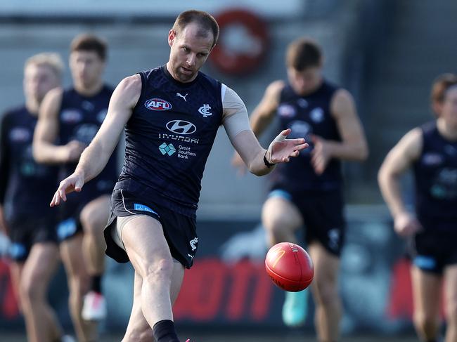 Former Blues skipper Sam Docherty is pushing for a finals return as he recovers from the third ACL tear of his career suffered during pre-season. Picture: Mark Stewart