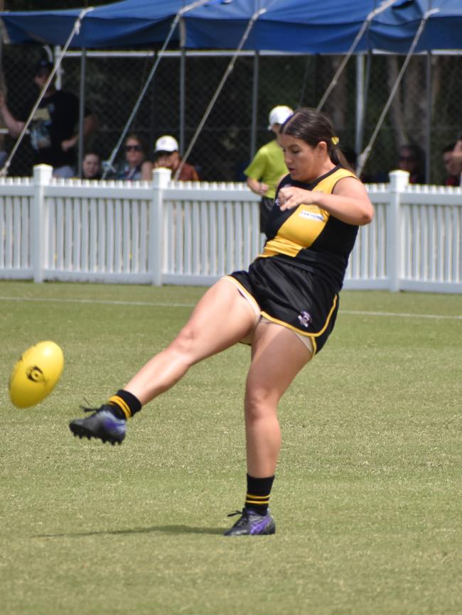 Macey Ronald in the Bakers Creek Tigers v Mackay City Hawks womens AFL grand final at Magpies Sporting Club, Mackay, September 11, 2021. Picture: Matthew Forrest