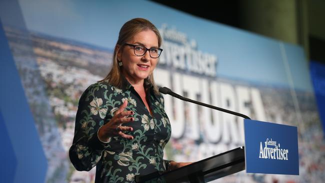 Premier Jacinta Allan announcing at a Future Geelong event in March that up to 400 new homes, including 72 social houses, will be built in Waurn Ponds on the site where the Commonwealth Games’ athletes’ village was meant to be. Picture: Alan Barber