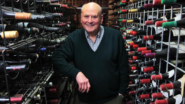 Veteran wine writer James Halliday in his cellar. Picture: Aaron Francis