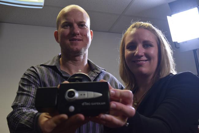 DTEC SAFEKAM: Inventors Shane and Taleese Penna holding the prototype of their life-saving device. Picture: Eliza Wheeler
