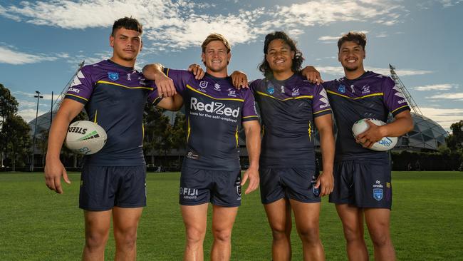 Melbourne Storm captains Stanley Huen (Jersey Flegg), Harry Grant (NRL), Josiah Moreli-Alama (SG Ball), Micah Warena (Harold Matthews). Credit: Supplied.