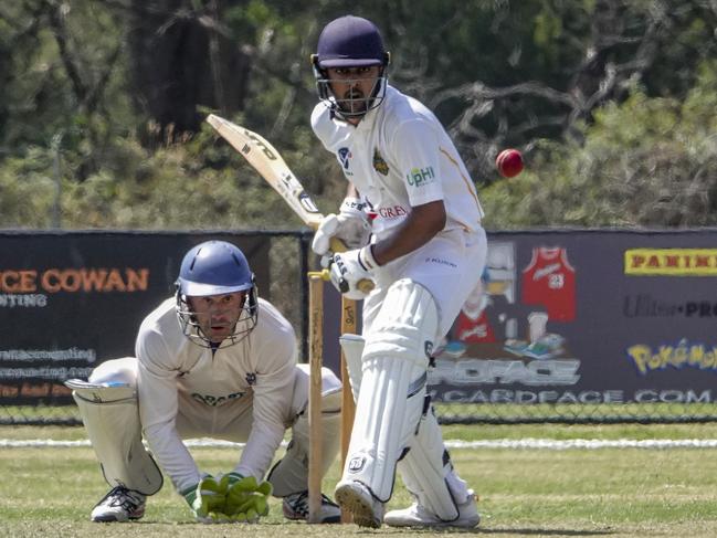 VSDCA: Endeavour Hills batter Sajith Tennakoon on the front foot. Picture: Valeriu Campan