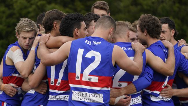 Outer East: Wandin players huddle up. Picture: Valeriu Campan