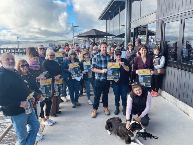 Dozens of community members gathered at the Newhaven Jetty on Friday to voice their concerns. Picture: Jack Colantuono