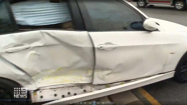 Damage seen on the BMW following the incident. Picture: Nine News