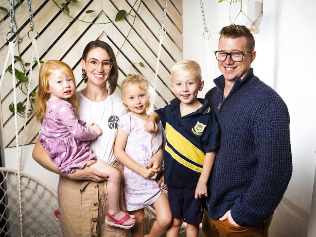 Daniel Smith found a new identity as a business owner and family man. Pictured with his wife Anna and kids Cora, 4, Tobias, 6, and Abigail, 2. Picture: Nigel Hallett