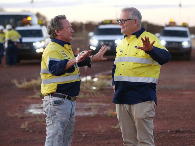 The Prime Minister of Australia Scott Morrison has spent the second day of his visit to Western Australia at the Christmas Creek mine site in The PIlbara. PIctured is the Prime MInister with FMG CEO Andrew Forrest at the site in the states North West on April 15, 2021. Picture - Justin Benson-Cooper / The West Australian