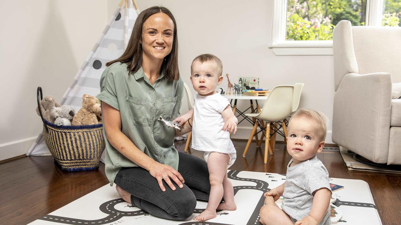 Daisy Pearce with her young twins Roy and Sylvie. Picture: Tim Carrafa