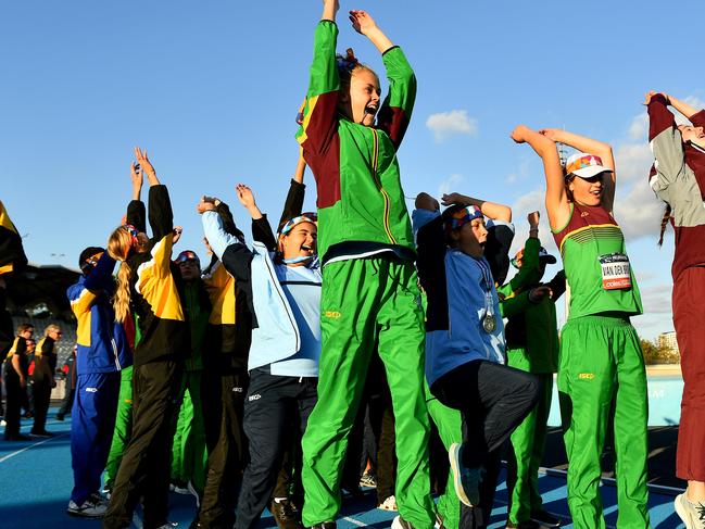 Athletes react during the closing ceremony of the Australian Little Athletics Championships at Lakeside Stadium in Albert Park, Victoria on April 23, 2023.