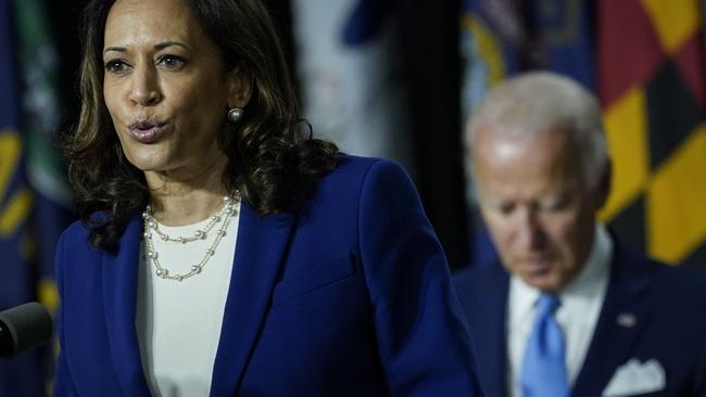 Kamala Harris during her first public appearance as Mr Biden’s VP pick. Picture: Drew Angerer/Getty Images/AFP