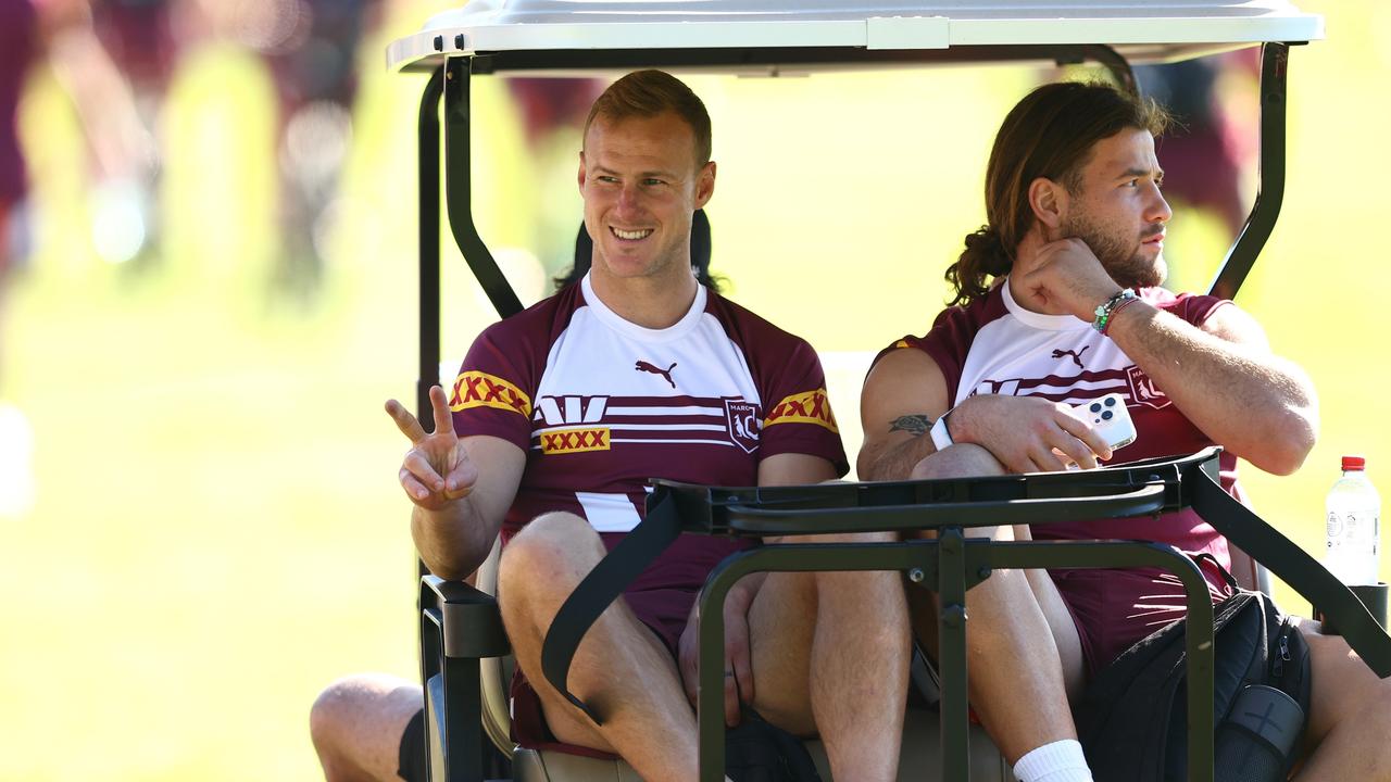 Daly Cherry-Evans and Patrick Carrigan arrive during a Queensland Maroons State of Origin squad training session at Sanctuary Cove. Picture: Chris Hyde/Getty Images