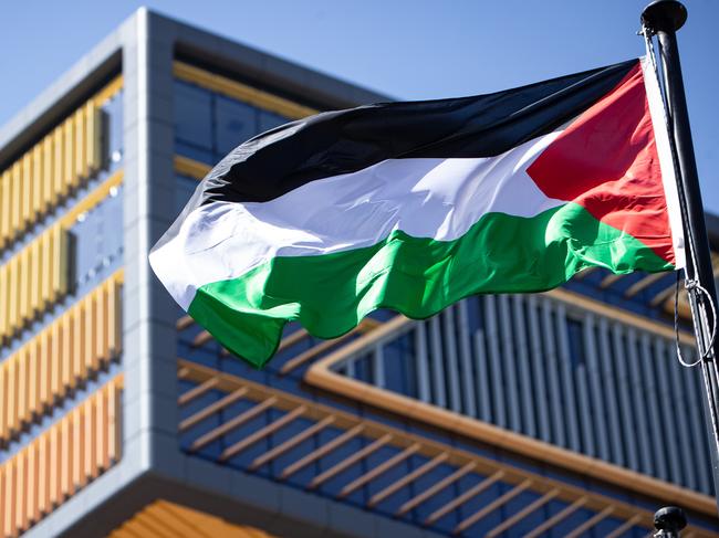 25/10/23. The Daily Telegraph, News.Bankstown, Sydney, NSW, Australia.Labor Councillor Karl Saleh and a security guard raise The Palestinian flag at Paul Keating Park in Bankstown.Picture: Julian Andrews