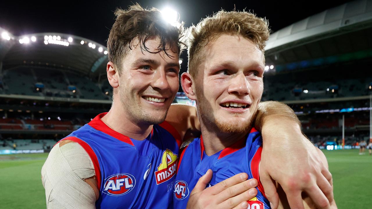 Josh Dunkley (left) celebrates with Adam Treloar. Picture: Michael Willson / AFL Photos via Getty Images