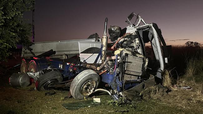 The wreckage of a truck that crashed off the Peak Downs Highway at Greenmount on May 25, 2023. Picture: Heidi Petith