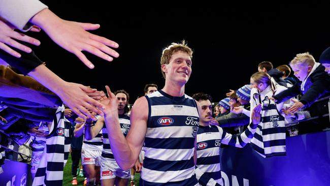 Toby Conway celebrates after Geelong’s win over Richmond. Picture: Dylan Burns/AFL Photos via Getty Images