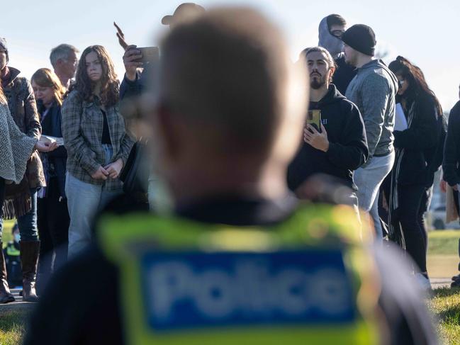 Church in Narre Warren. Search for Pastor Paul Furlong, Christian Revival Church. Potential anti-lockdown service within the Church but was moved to the Max Pawsey Reserve. Police surrounded group and arrested 2 people. One was released after details were taken. Picture: Tony Gough